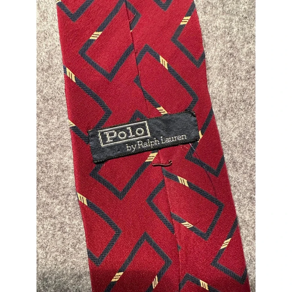 Polo Ralph Lauren Mens Silk Tie Burgundy Red Navy Blue Geometric Rectangle Print